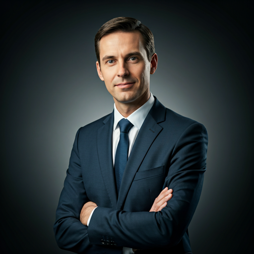 Professional portrait of a male CEO in a dark suit against a minimalist studio background